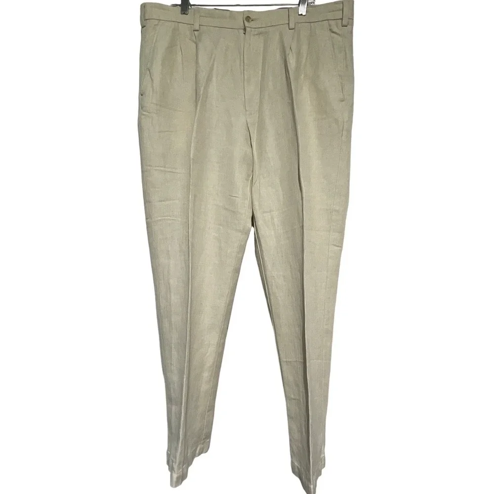 Caribbean Mens Linen Cotton Pleated Dress Pants Tan Beige 38x30 Straight Leg